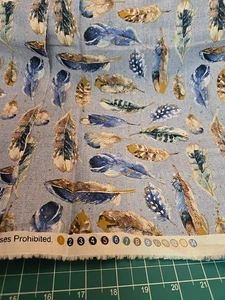 Fabric Feathers Nature Bird Spiritual Animal Blue Cotton 2 Yards X 44" Quilt New - Picture 1 of 6