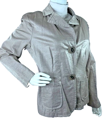 silver shimmer evening blazer jacket women's sz 12 back peplum artsy button - Image 1 of 4
