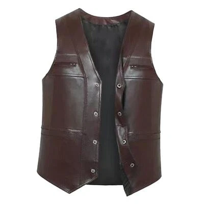 Gilet utilitaire en cuir PU pour hommes, gilet utilitaire à col en V sur le - Photo 1/2