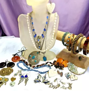 Vintage Jewelry Lot 30 Glass, Stone, Cobber, Brass, Bone, Wood, Abalone Shell - Picture 1 of 19