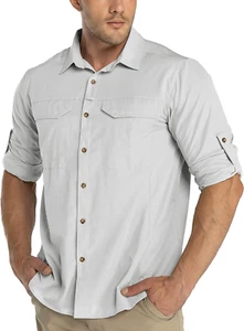 Mens UPF50+ UV Protection Hiking Shirt Breathable Safari Shirt Button down Long - Picture 1 of 12