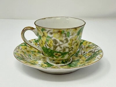 Merit Demitasse Teacup and Saucer Yellow Green Floral Pattern Occupied Japan - Image 1 of 4