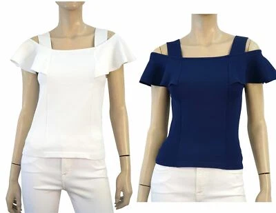 OTOÑO CACHEMIR Hombro Frío Elastizado Panel Acanalado Top en Blanco o Azul Marino VARIAS TALLAS Foto 1 de 4
