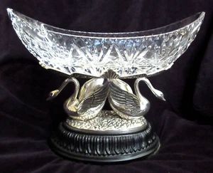 Gorgeous Unmarked Silverplated (?) Swan Bowl Holder w/Crystal Oval Bowl EUC - Picture 1 of 15
