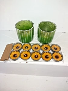 SET OF TWO INDIAN GREEN GLASS CANDLE HOLDERS WITH A SET OF SCENTED TEALIGHTS - Picture 1 of 7