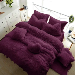 TEDDY BEAR FLEECE DUVET COVER WARM FITTED SHEET + PILLOW CASE PURPLE AUBERGINE - Picture 1 of 20