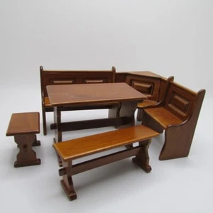 Dollhouse Miniature Wood Kitchen Nook Table with Bench Seating in Walnut T6834 - Picture 1 of 4