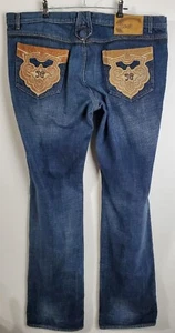 Just Cavalli Jeans Womens 41 X 36 Vintage Leather Pocket Trim Blue Flare Italy - Picture 1 of 14