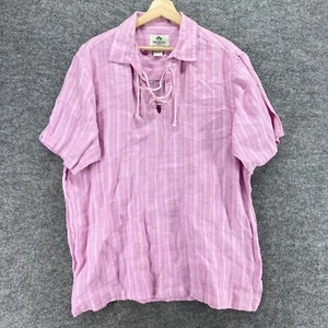 Mojito Shirt Men XL Pink Striped Collared Tasseled Short Sleeve Linen Casual - Picture 1 of 8