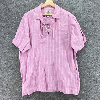 Mojito 衬衫男式 XL 粉红色条纹领流苏短袖亚麻休闲 — 第 1/4 张图片
