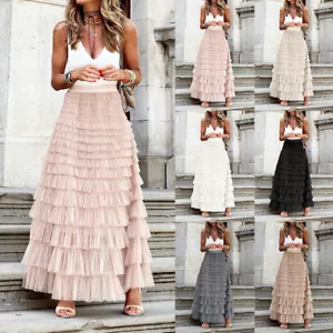 Women Mesh Party A-Line Long Skirt Ladies Holiday Loose Club Skirts Cake Dresses - Picture 1 of 22