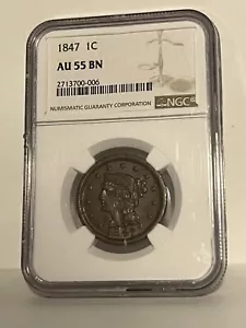 1847 Braided Hair Large Cent, 1C, NGC AU 55 BN ** Nice Early Date Copper - Picture 1 of 2