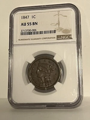 1847 Braided Hair Large Cent, 1C, NGC AU 55 BN ** Nice Early Date Copper - Image 1 of 2