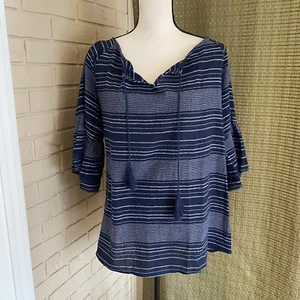 NWT DownEast Navy Striped Linen Casual Destination Top Shirt New with Tags Large - Picture 1 of 6
