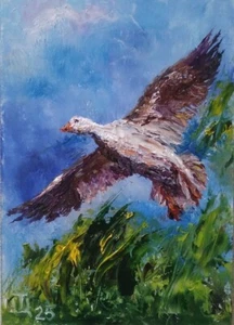 Gemälde "Fliegende Gans". Öl auf Karton. 5x7 inkl. Handarbeit. 2025. Ungerahmt. - Bild 1 von 1