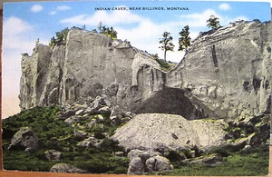 Montana Postcard INDIAN CAVES Petroglyph Billings Mont Yellowstone River Linen - Picture 1 of 2