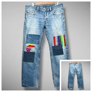 Diesel Larkee Jeans Herren 34x32 blau gerades Bein Patched überarbeitet Ethno Western - Bild 1 von 16