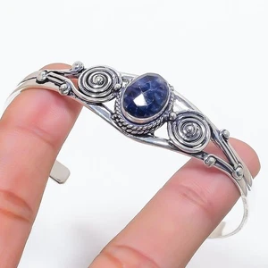 Natural Sodalite Gemstone 925 Sterling Silver Jewelry Adjustable Cuff Bracelet - Picture 1 of 1