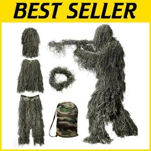 Men's 3D Ghillie Suit, Woodland Camo, 5pc Set with Carry Bag - Picture 1 of 10