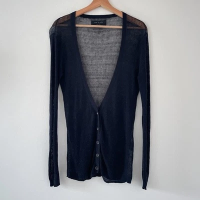 Rag & Bone New York Black Knit Linen Fitted Deep V Cardigan Sz S Minimal Goth - Image 1 of 4