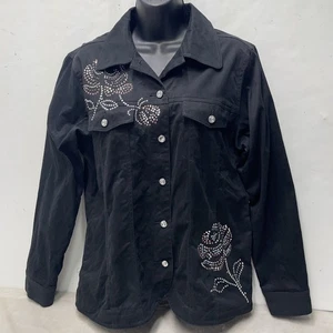 Quacker Factory Denim Jacket Women S/M* Black Flower Embellished Pockets Stretch - Picture 1 of 10