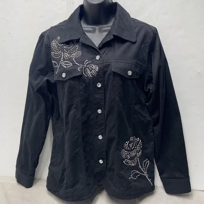 Quacker Factory Denim Jacket Women S/M* Black Flower Embellished Pockets Stretch - Image 1 of 4