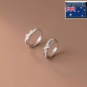 Woman Real s925 Sterling Silver Starry CZ Knot Hoop Huggie Earring Clip - Picture 1 of 5