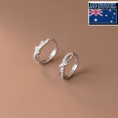 Woman Real s925 Sterling Silver Starry CZ Knot Hoop Huggie Earring Clip - Image 1 of 4