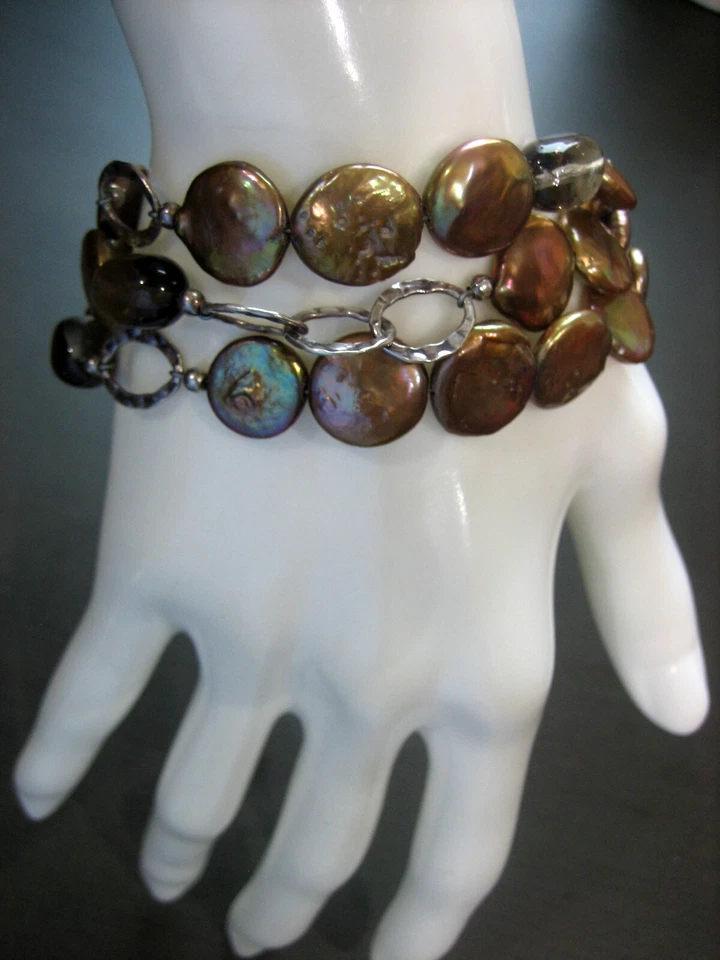 SILPADA HAMMERED STERLING SILVER 3 STRAND COPPER COIN PEARL 7.5" TOGGLE BRACELET - Image 1 of 1