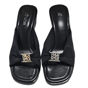 Brighton Isabel Wedge Heel Sandals Wm 9.5M Black Silver Logo Made in Italy - Picture 1 of 17