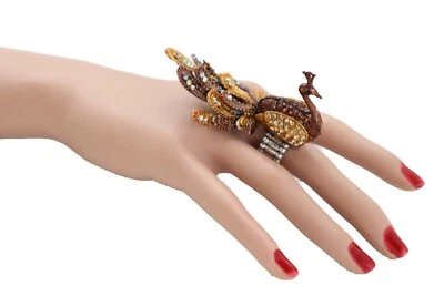 Mujeres Pavo Real Moda Anillo de Metal Banda Elástica Larga Elegante Dorado Marrón Pluma Pájaro Foto 1 de 4