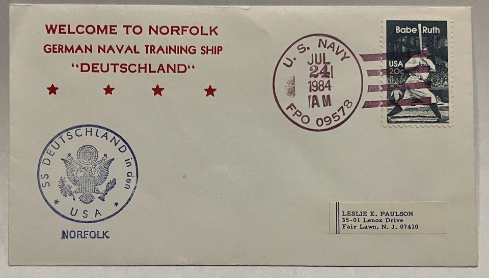 1984 SS DEUTSCHLAND IN DEN GERMAN NAVAL TRAINING SHIP PURPLE CANCEL COVER - Image 1 of 2