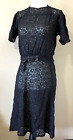 Vintage 1930s Black Lace Puff Sleeve Belted Dress 1940s