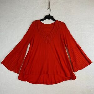 Free People Shirt Womens Large Red Knit Stretch Boho Bell Sleeve Eyelet Top