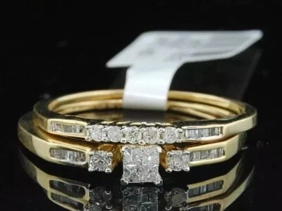 Conjunto de anel de noiva de casamento 1 quilate corte princesa diamante criado em laboratório ouro amarelo 14K FN - Imagem 1 de 4