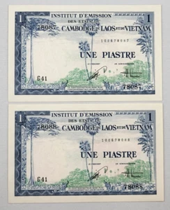 FRENCH INDOCHINA BANKNOTE 1 Piastre ND (1954) Vietnam Issue P-105 Consec SN's AU - Bild 1 von 6