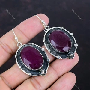 Natural Kashmir Rubi Gemstone Drop/Dangle Red Earrings 925 Sterling Silver - Picture 1 of 6