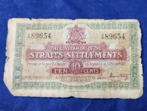 SINGAPORE STRAITS SETTLEMENTS P-8a 10 Cents 1919 Poor Condition Banknote - Picture 1 of 2