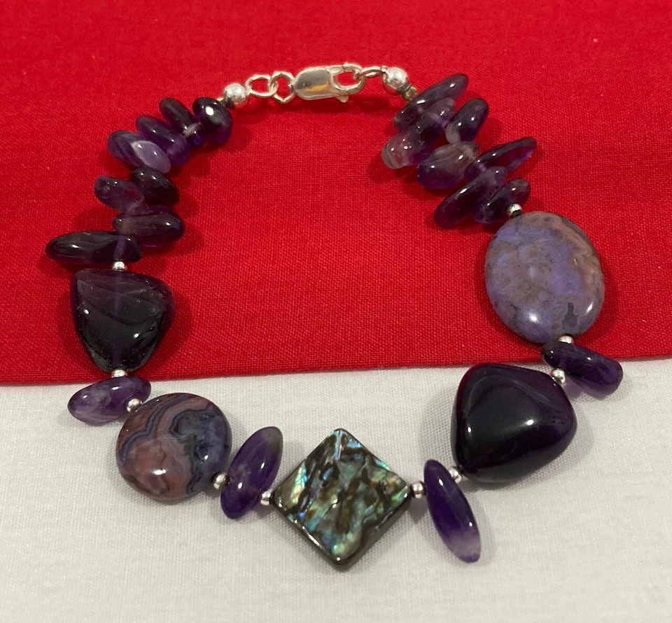 Vintage Artisan Made 925 Sterling Silver Amethyst & Abalone Beaded Bracelet 7.5” - Image 1 of 4