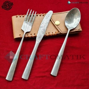 BBQ Besteckset | Damaszener Campingbesteck | Handgeschmiedet | Mitterlalter Stil - Picture 1 of 6