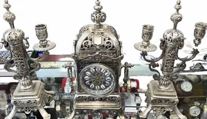 Antique French Silver Plated Candelabra Chime Mantle Clock Set - Picture 1 of 13