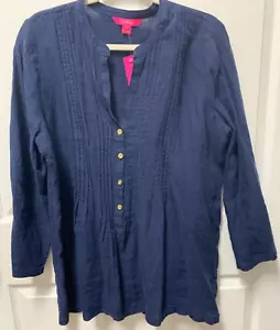 Tunica in lino Lilly Pulitzer Sarasota taglia L vero blu navy maniche 3/4 nuova con etichette - Foto 1 di 8