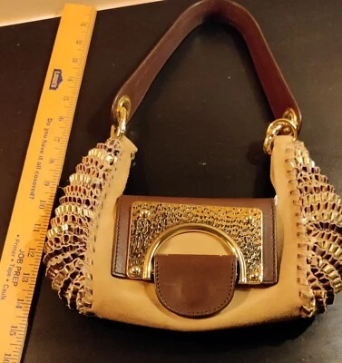 Diane von Furstenberg sm brown leather "date bag" Metal and cloths accents - Image 1 of 4