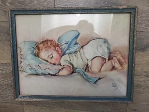 Vintage Print Sleeping Baby Maud Tousey Fangel Lithograph Of Baby Framed Art - Picture 1 of 7