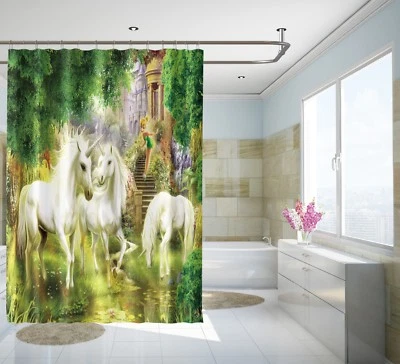 Cortina de Ducha 3D Unicorn Forest 43 Impermeable Fibra Baño Ventanas Inodoro Foto 1 de 3