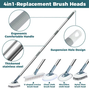 Shower Cleaning Brush with Long Handle Scraper 180° Rotatable Tile Tub teAiO - Picture 1 of 12