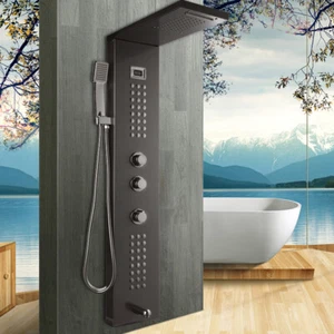 Schwarz Wandhalterung Digitalanzeige Regenduschpaneel Turmsystem Handbrause Wasserhahn - Bild 1 von 8