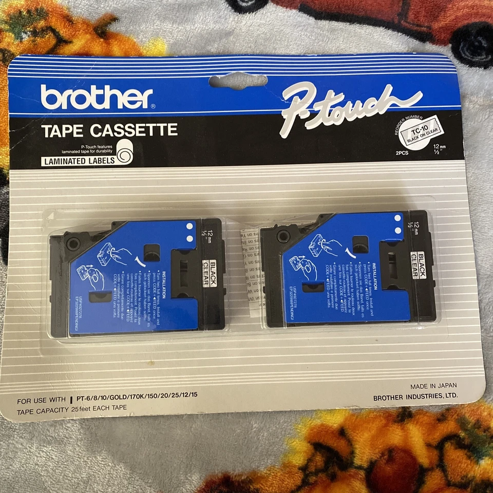 3 Lot Brother P-Touch Tape Casette 2 - TC-10 Black on Clear 1 - TC-00 Black VTG