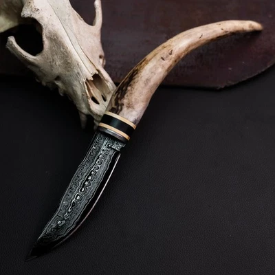 Готовый к подарку нож из дамасской стали 12,7 дюйма с накладным монтажом для охоты + кожаные ножны - Изображение 1 из 4