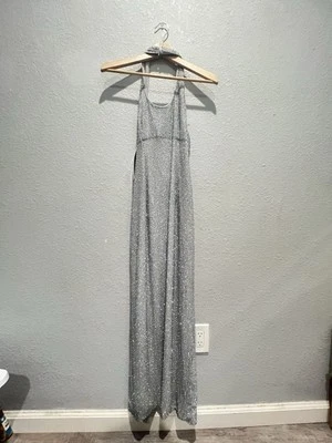 VNTG новый с Ярлыками Bieff Basix женщин шелк бисером без спинки с бретелью через шею разрез макси платье серый SZ2 - Изображение 1 из 4